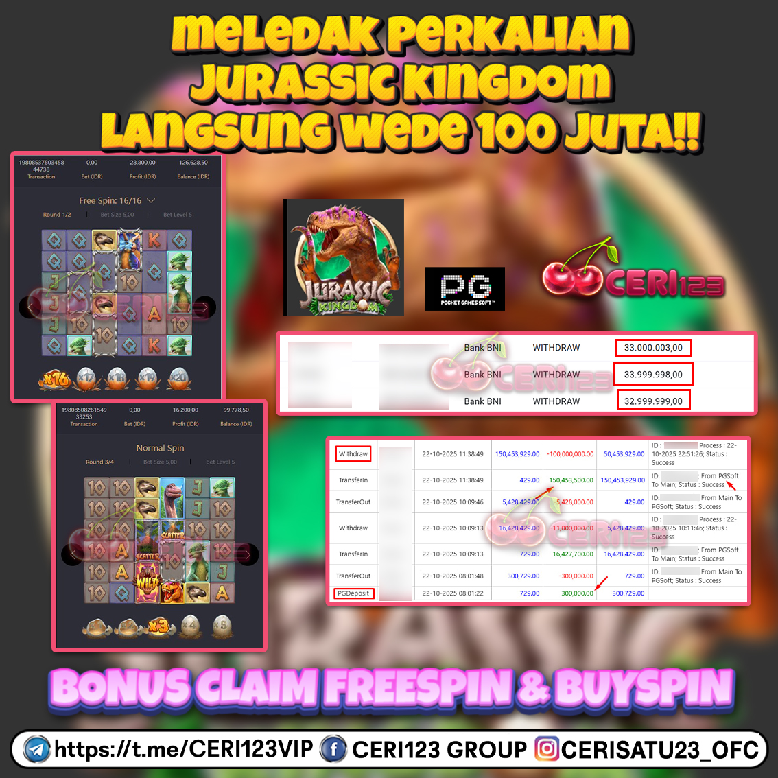 CERI123 JACKPOT SLOT JURASSIC KINGDOM RP 100.000.000 ID : DES***