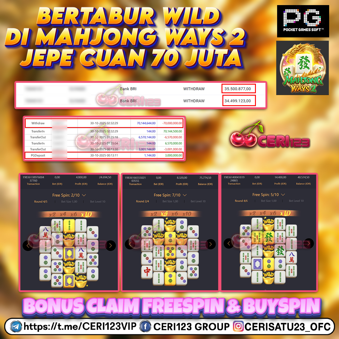 CERI123 JACKPOT SLOT MAHJONG WAYS 2 RP 70.000.000 ID : BEO***
